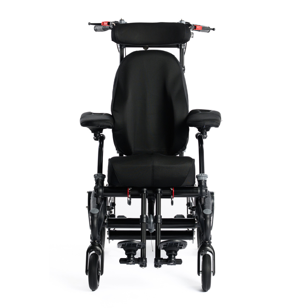 Chunc One paediatric seating system with adjustable postural supports. In black. Front view.