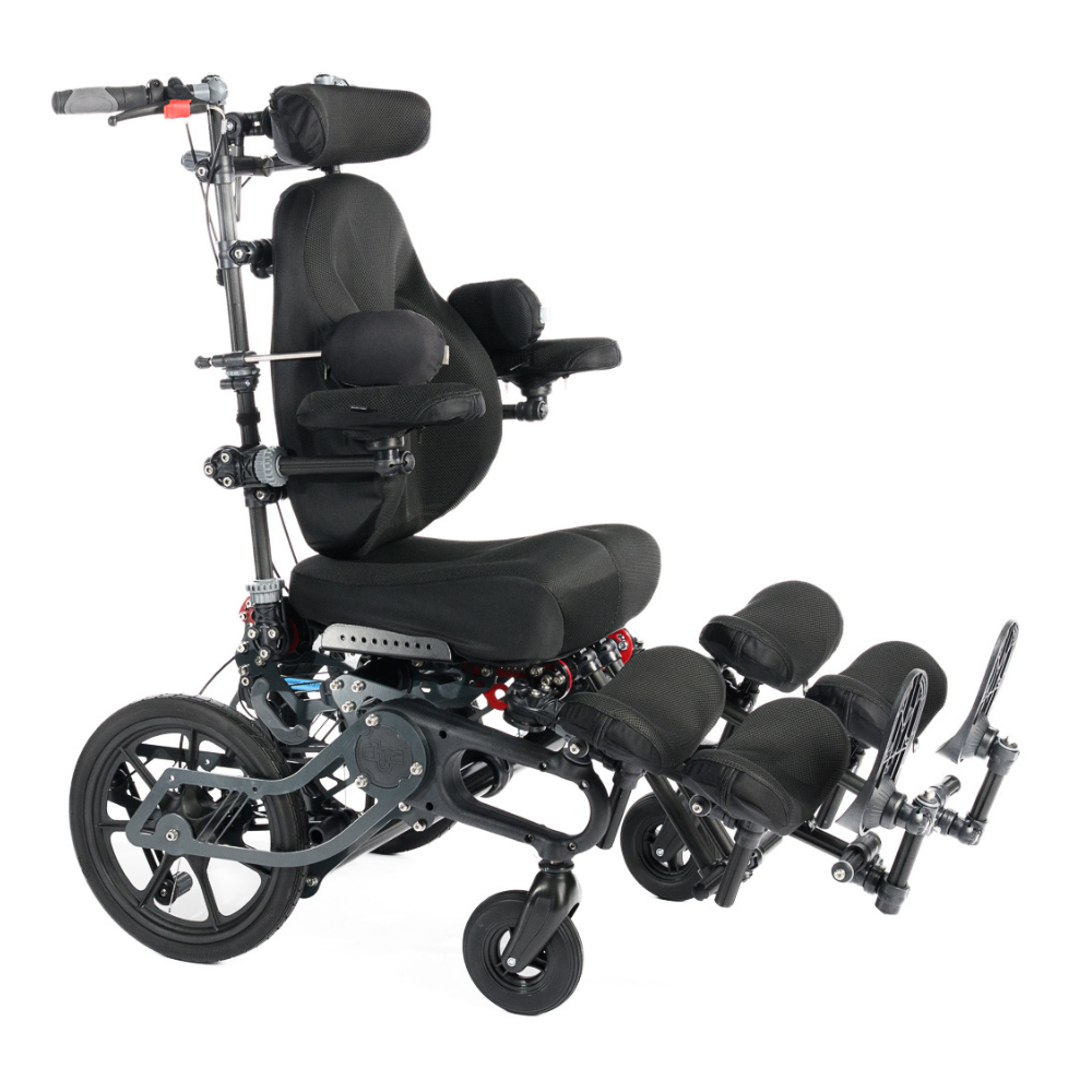Spica paediatric postural chair with adjustable supports, available for short-term rental. Side view.