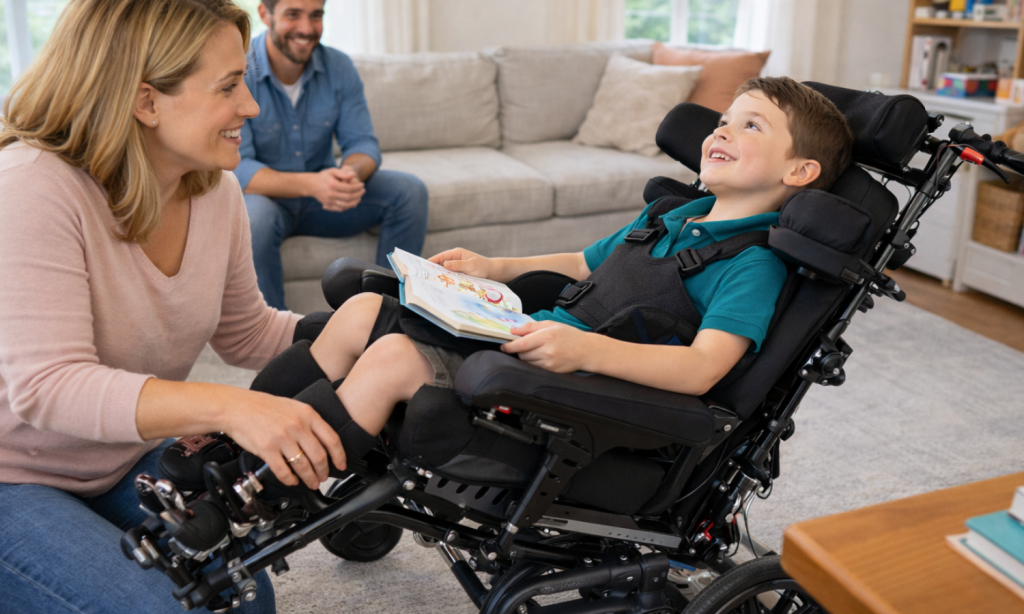 Spica Chair Tilt-in-Space – Happy Family Moment at Home Child in a Spica chair with tilt-in-space feature in their living room, smiling with mum nearby and dad in the background