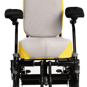 Yellow and grey seat cushions fitted to a wheelchair for comfort and postural support
