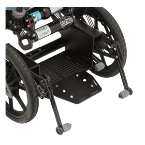 Close-up of the back of a wheelchair showing the under-chassis equipment tray